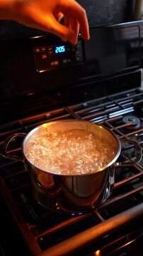 Hand adjusting gas stove with water boiling in steel pot. Low angle close-up, rolling bubbles, warm golden light, dark kitchen background, blue digital display.