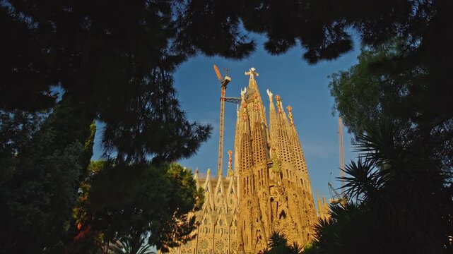 Sagrada Familia basilica framed by trees in Barcelona during golden sunset light