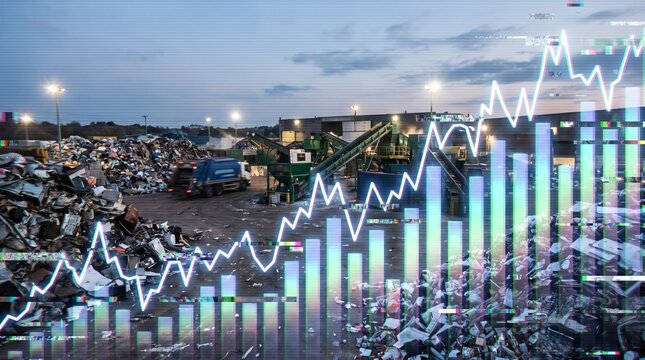 Scrap metal recycling industry market growth chart inside dump junkyard facility concept of waste management circular economy financial green investment and sustainable business