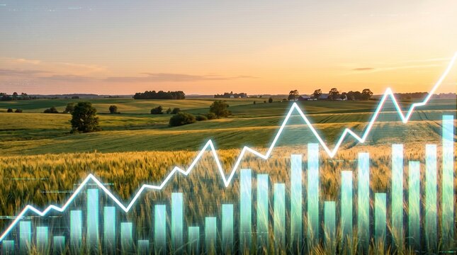 Vast green wheat fields under evening sky with financial graph overlay. Agricultural stocks market, dynamic commodity trading and eco business investing.