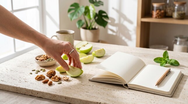 Natural daytime lifestyle scene with sliced apple nuts and open notebook on marble counter