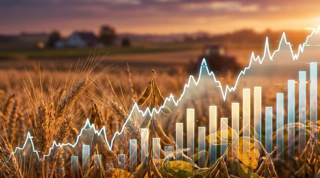 Soybean and wheat crops in golden sunset field with rising financial stock charts. Represents agribusiness investment, agricultural commodities market, and farming revenue growth.