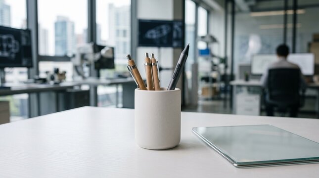 Close up of a desk organizer with pens and a tablet in a modern office