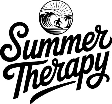 Graphic design featuring elegant script text Summer Therapy paired with a detailed circular icon of a surfer catching a wave under a rising sun to capture the essence of coastal living and recreation.