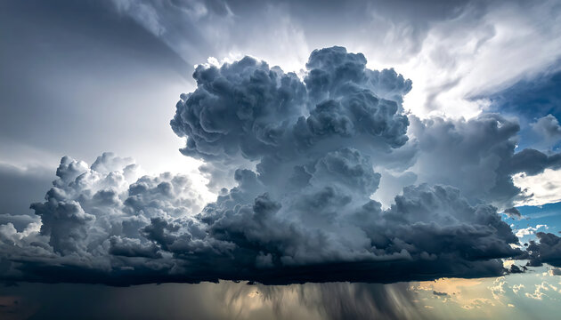 Dramatic storm cloud formation with heavy rain falling, backlit by sunlight, creating a powerful atmospheric phenomenon, weather background