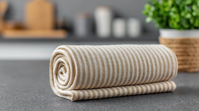 Towel rolled striped cotton fabric kitchen homeware textile on dark stone surface