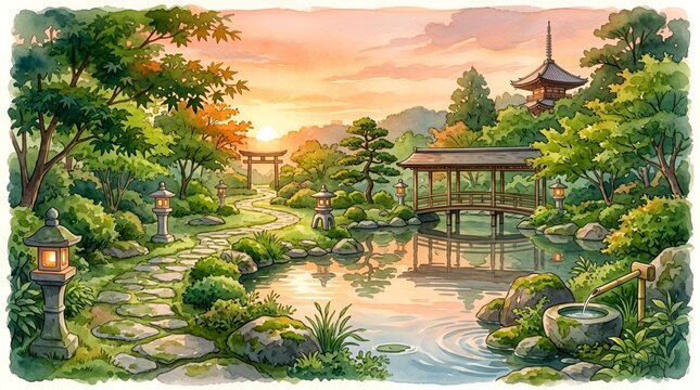 Serene Japanese Garden at Sunrise with Pagoda and Torii Gate