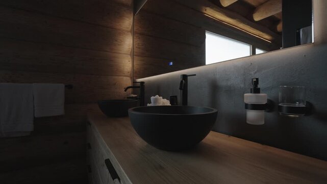 Luxurious bathroom featuring black sinks, wooden vanity, and a large mirror with ambient lighting