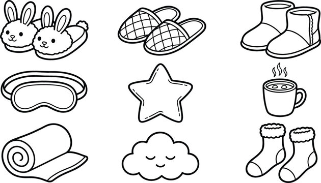 Cozy Sleepwear and Night Routine Line Art Icon Set with Slippers Mask and Socks for Graphic Design