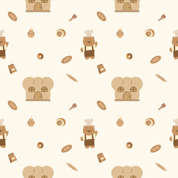 Bear chef bakery cartoon so cute. On bread cupcakes donut roll cake tongs bag rolling pin cafe background. Pattern seamless vector illustration. 