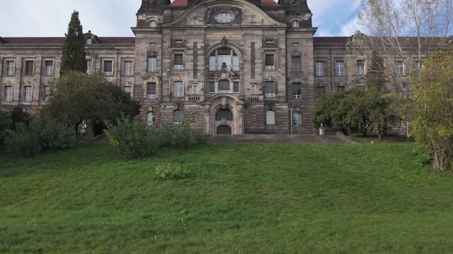 Tilt up view of the Saxon State Chancellery or Chamber in Dresden, Germany. The Historicist government building located on the northern banks of the Elbe River, built between 1900 and 1904.