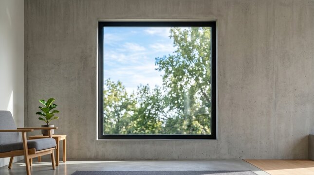 Minimalist living room with large square window and potted plant sunlit concrete walls