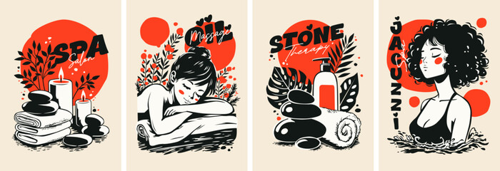 Fototapeta premium Designer posters in vintage style. Retro pop art on the theme of spa, massage, self-love and wellness
