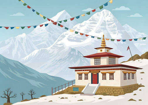 Sikkim mountain monastery with prayer flags  snowy peaks  peaceful vector scenery