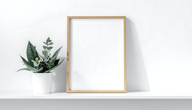 Empty wooden frame with green plant in pot on shelf, clean interior mockup, natural light, copyspace