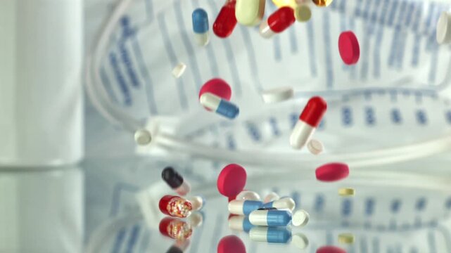 Prescription pills tumble from dosing cup beside labeled bag Filmed on a high-speed camera at 1000 fps.