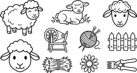 Fototapeta premium Cute Sheep and Wool Line Art Icon Set with Yarn Spinning Wheel and Farm Elements for Graphic Designs