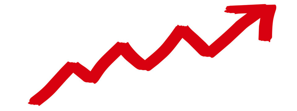 financial business symbol - hand drawn doodles symbol vector illustration - red jagged arrow doodle icon pointing up, isolated on transparent background