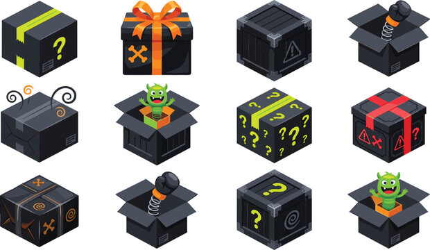 Isometric Mystery Box Icon Set with Game Loot Crate Surprise Gift and Monster Prank Box Illustrations