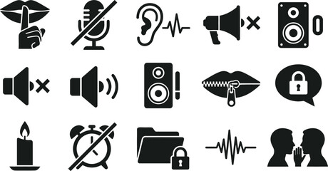 Fototapeta premium Silence and Audio Control Silhouette Icon Set with Mute Microphone Speaker and Secret Symbols for Graphic Designs