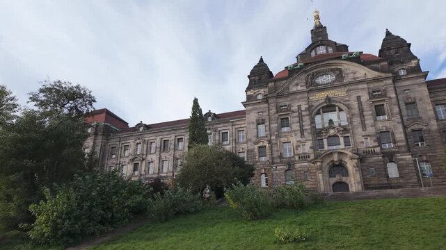 Panning view of the Saxon State Chancellery or Chamber in Dresden, Germany. The Historicist government building located on the northern banks of the Elbe River, built between 1900 and 1904.