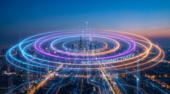 Futuristic smart city skyline with glowing network connections and digital communication rings symbolizing next generation connectivity and advanced urban technology.