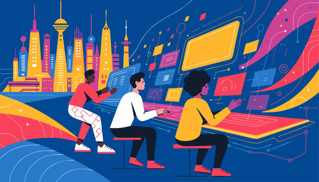 Very beautiful holographic workspace with floating transparent screens, glowing digital desks, and panoramic futuristic skyline creating an inspiring high-tech productivity atmosphere in cinematic vec