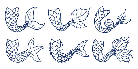 Mermaid tails vector outline set with fish scales. Hand drawn doodle collection for nautical design, summer prints and marine themes. © DeShoff