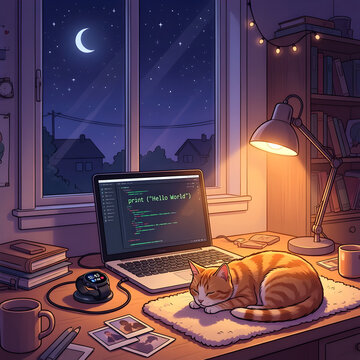 Cozy retro lofi night room illustration with programmer laptop displaying code smartwatch and a sleeping cat by the window
