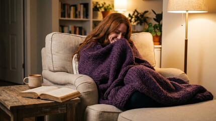 Obraz premium Cozy woman wrapped in purple knitted blanket reading book on sofa at home
