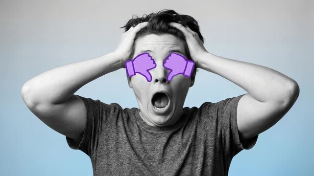 Man screaming with dislike icons over eyes. Social media hate and negative feedback stress. Cyberbullying mental breakdown animation