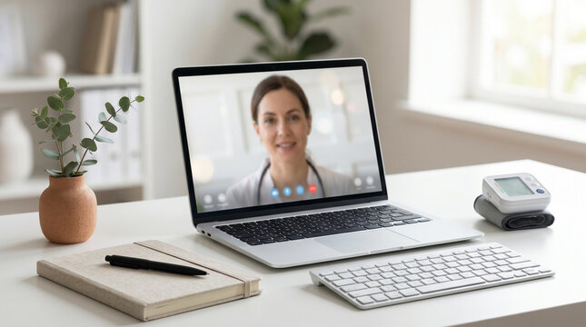 Telemedicine consultation with doctor on laptop screen with blood pressure monitor on desk