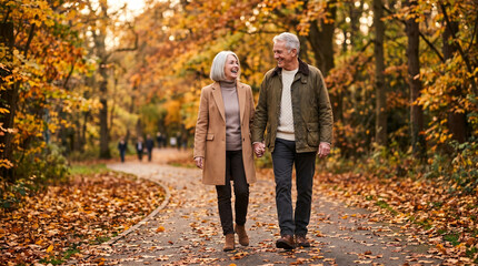 Fototapeta premium Happy senior couple holding hands walking through autumn park with golden fallen leaves