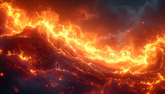 Fiery wave cresting with glowing embers and swirling smoke, dynamic and powerful abstract energy