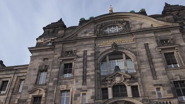 Panning close-up of the Saxon State Chancellery or Chamber in Dresden, Germany. The Historicist government building located on the northern banks of the Elbe River, built between 1900 and 1904.