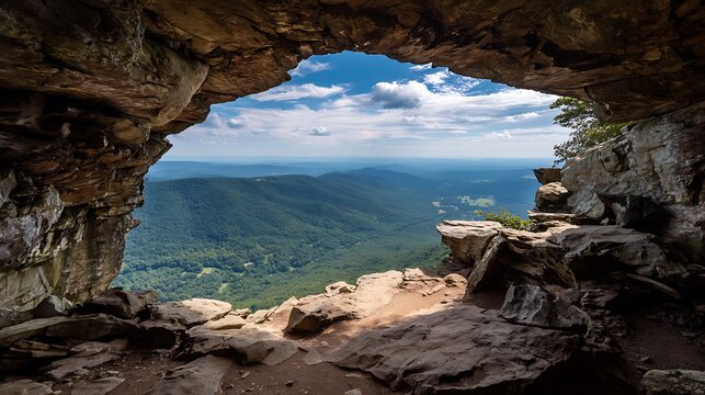 Wide Angle View of Rolling Green Mountains from a Rocky Cave Opening