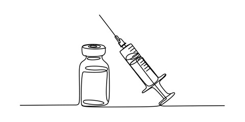 Single line drawing of medical syringe and vial, simple illustration for healthcare and medicine © DCB Line Stocker