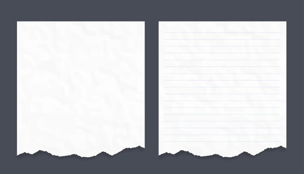 Two white crumpled paper sheets with torn bottom edges, one blank and one with horizontal lines
