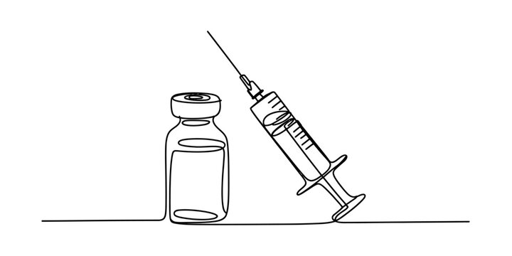Single line drawing of medical syringe and vial, simple illustration for healthcare and medicine