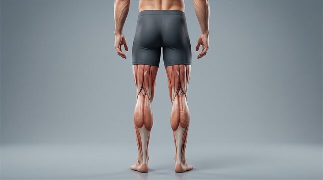 Detailed posterior view of male lower leg muscle anatomy on gray scene