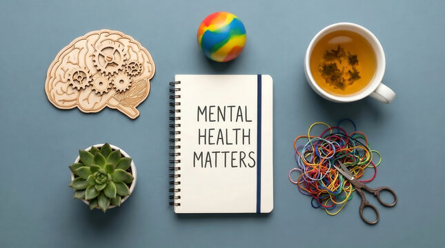 Creative mental health flat lay with journal, tea, brain model, and stress relief items supporting emotional wellness and mindfulness.