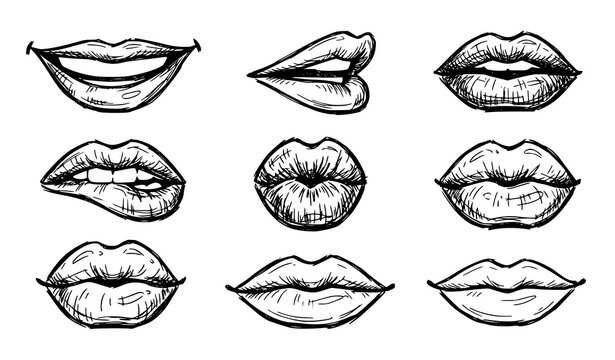 Expressive freehand lips vector sketch set for beauty and fashion design