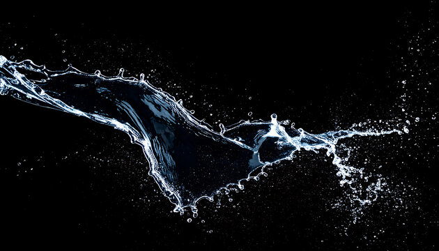 Dynamic water splash with droplets and dark background, liquid motion, refreshment and purity concept