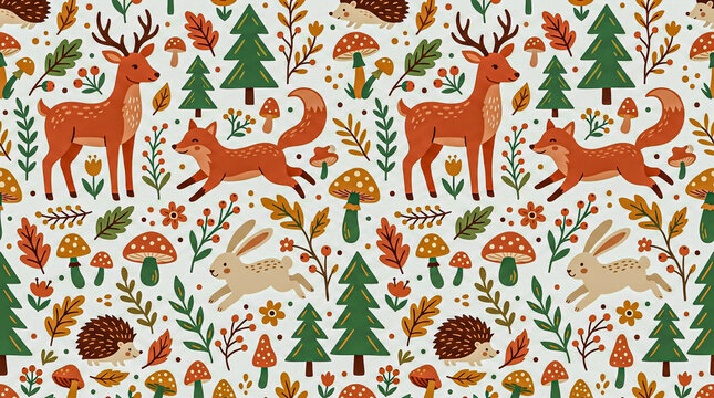 Seamless Scandi folk art with deer fox rabbit and forest mushrooms