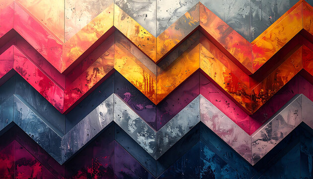 Geometric chevron pattern with vibrant, textured layers in warm and cool tones, abstract textured background