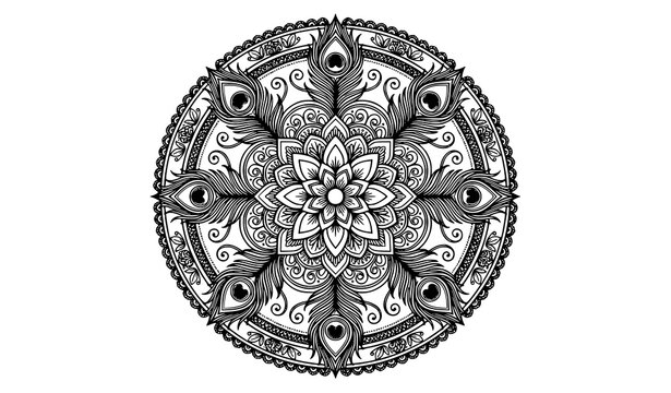 Ornamental peacock floral mandala vector illustration with intricate circular pattern