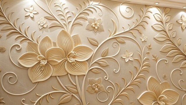 Elegant 3d floral relief wallpaper with intricate scrolling vine patterns