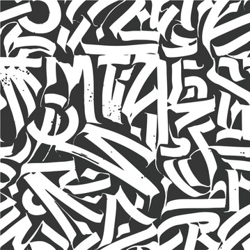 White brush calligraphy symbols seamless pattern on black background. Decorative ornamental composition. Vector illustration