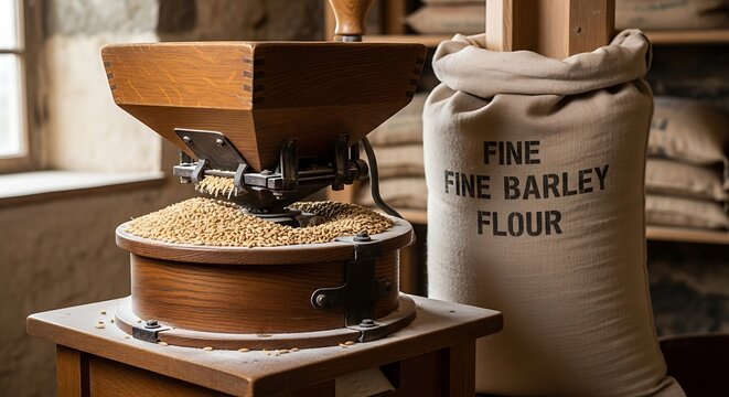 Vintage Wooden Grain Mill Filled with Barley Beside Flour Sack in Rustic Workshop