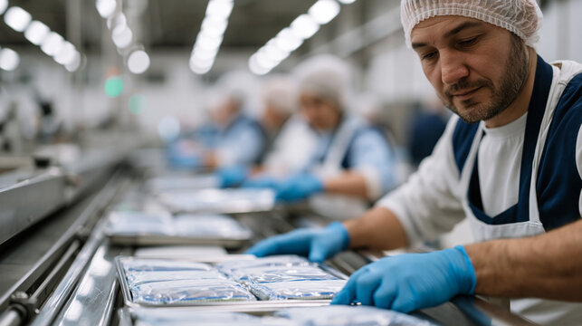 Rows of stainless steel processing equipment move packaged vegetable products along a food manufacturing line where workers in hairnets and gloves inspect quality at each station, early morning shif
